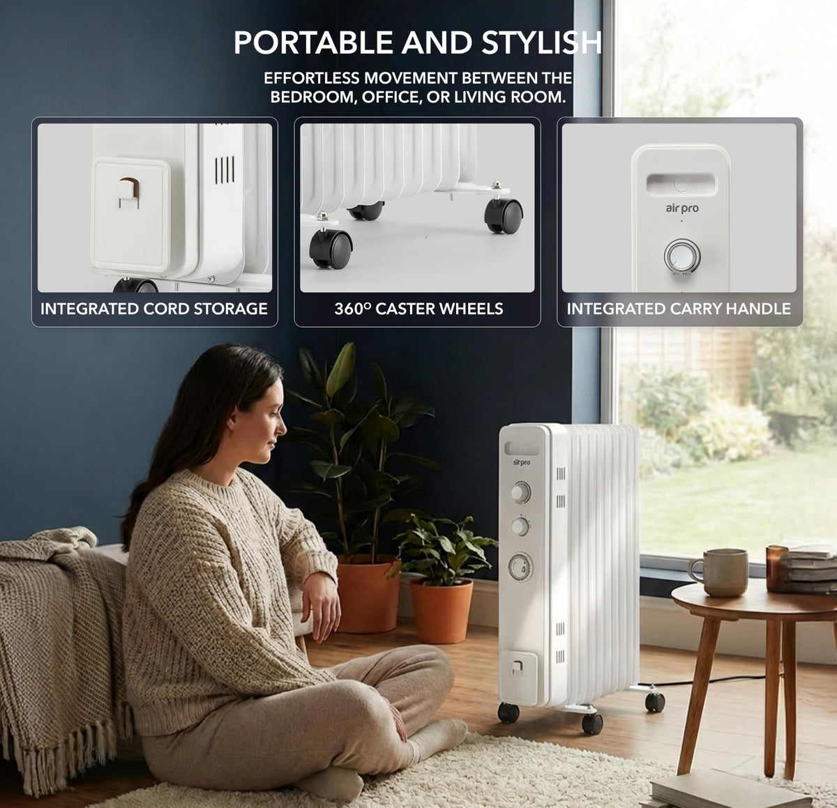 Air Pro Oil Filled Radiator 2500W with Thermostat & 24h Timer – 11 Fin Portable Electric Heater 3 Heat Settings, Overheat & Tip-Over Protection, Quiet for Home, Office and Any Room Radiator on Wheels
