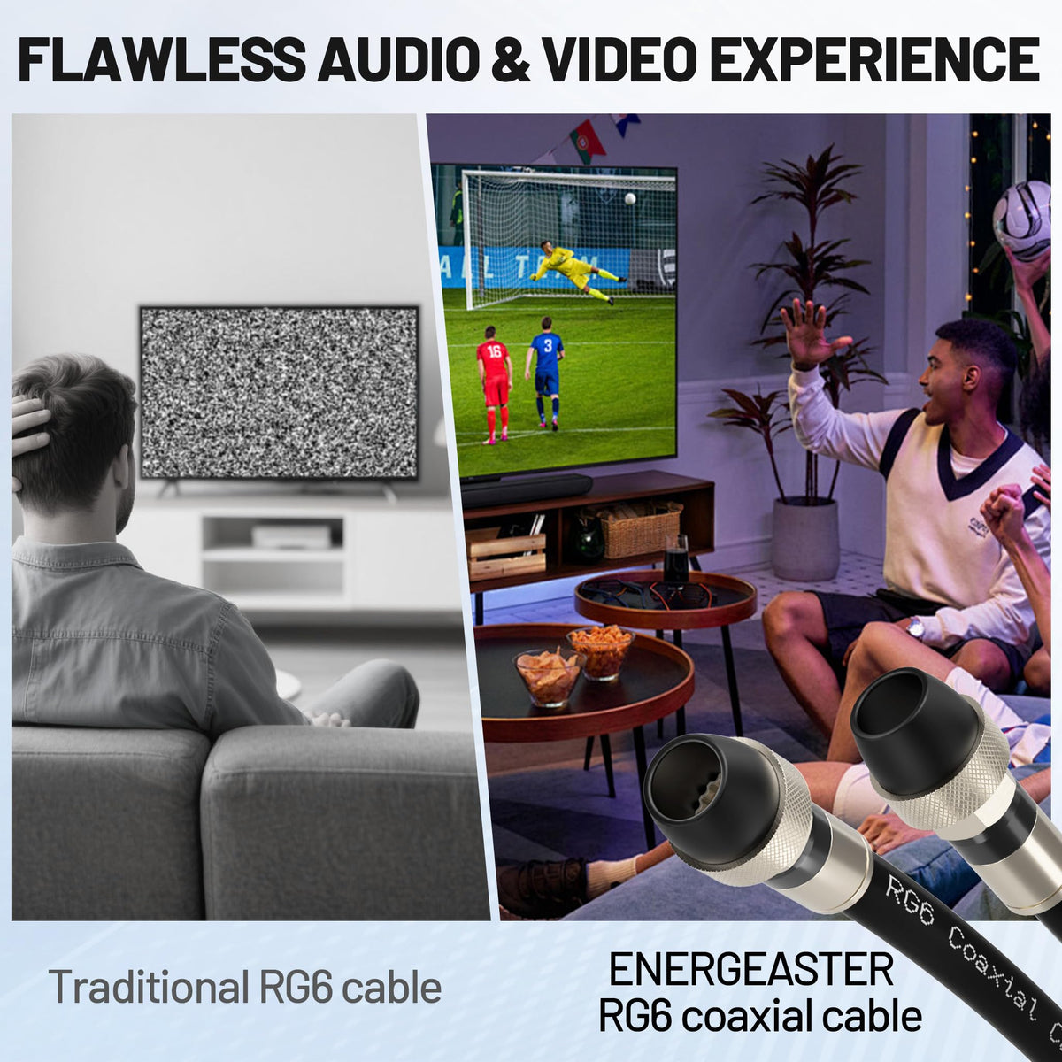 energeaster 10FT RG6 Coaxial Cable with Waterproof Rubber Boot, Black