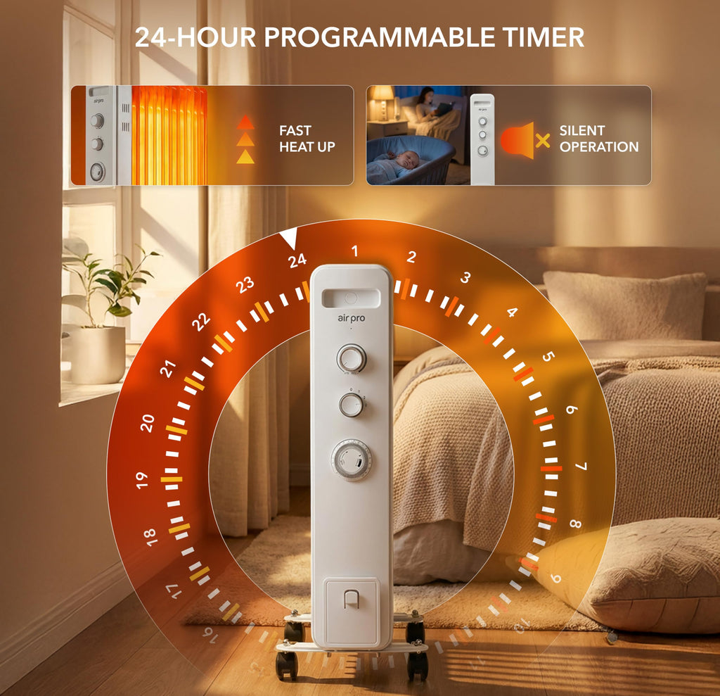 Air Pro Oil Filled Radiator 2500W with Thermostat & 24h Timer – 11 Fin Portable Electric Heater 3 Heat Settings, Overheat & Tip-Over Protection, Quiet for Home, Office and Any Room Radiator on Wheels