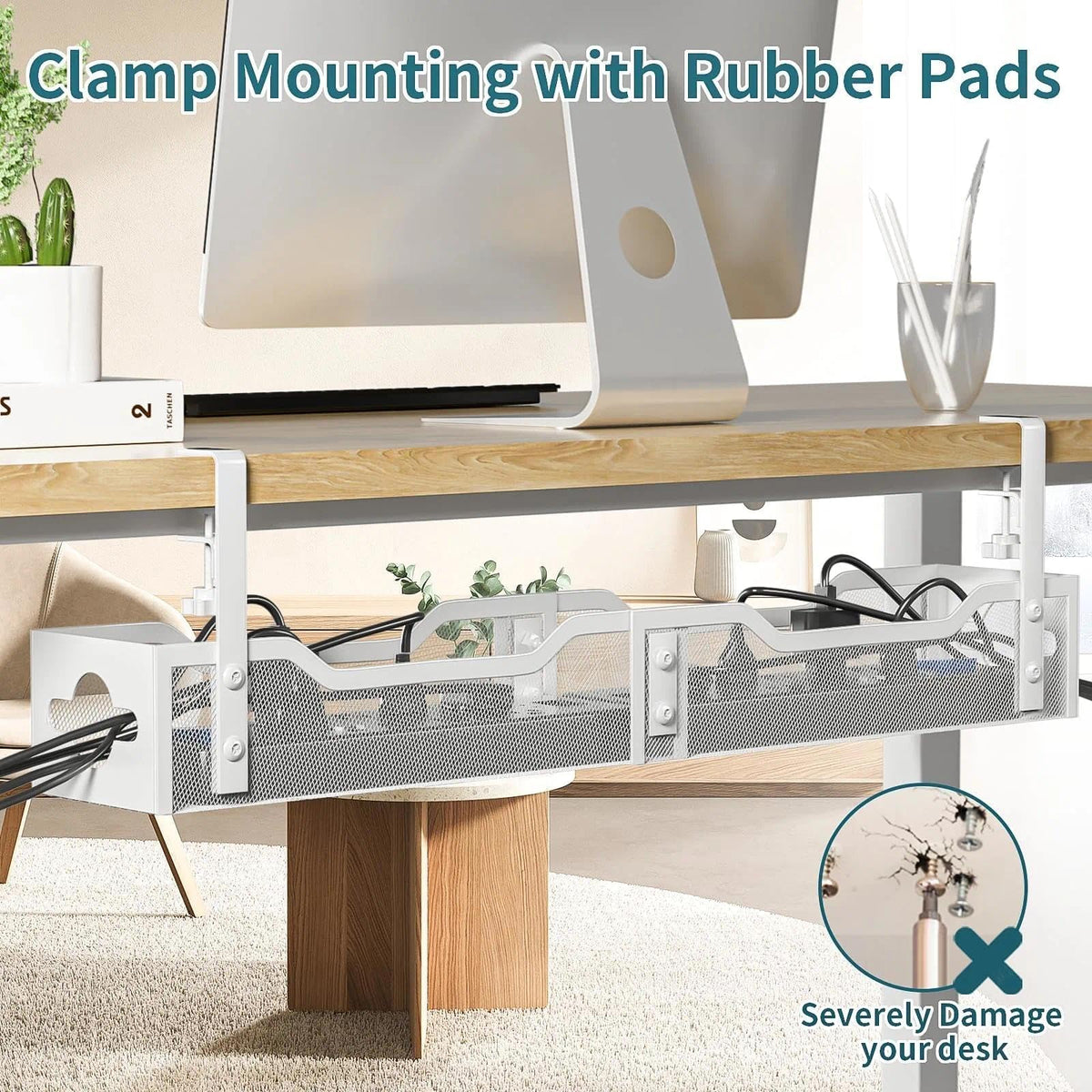 Under Desk Cable Management Tray 2 Pack, No Drill Cable Organizer With Clamp for Standing Desk, Easy to Install Cord Management System, No Damage Wire Organizer