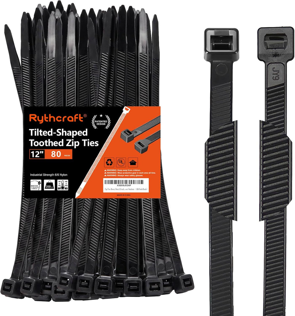 Rythcraft 12" Cable Zip Ties Heavy Duty, 200 LBS Test Tilted Tooth, 80 Pack