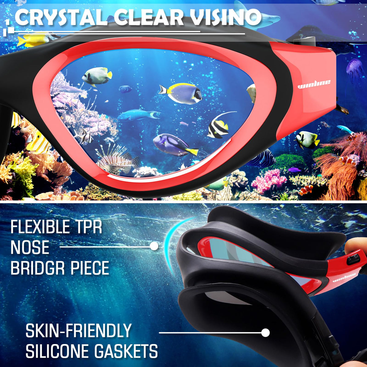 Winline Adult Swimming Goggles,Open Water Goggles Swimming Anti Fog UV Protection No Leakage Clear Vision Easy to Adjust for Adults Men Women Teenagers