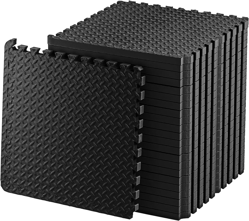 Exercise Foam Mat - Anti fatigue Protective Interlocking Puzzle EVA Floor Tiles with Edges - Gym Flooring Mats - Non slip Rubber Cushion for Underlay (Black, 4 Tiles (16 Square Feet))