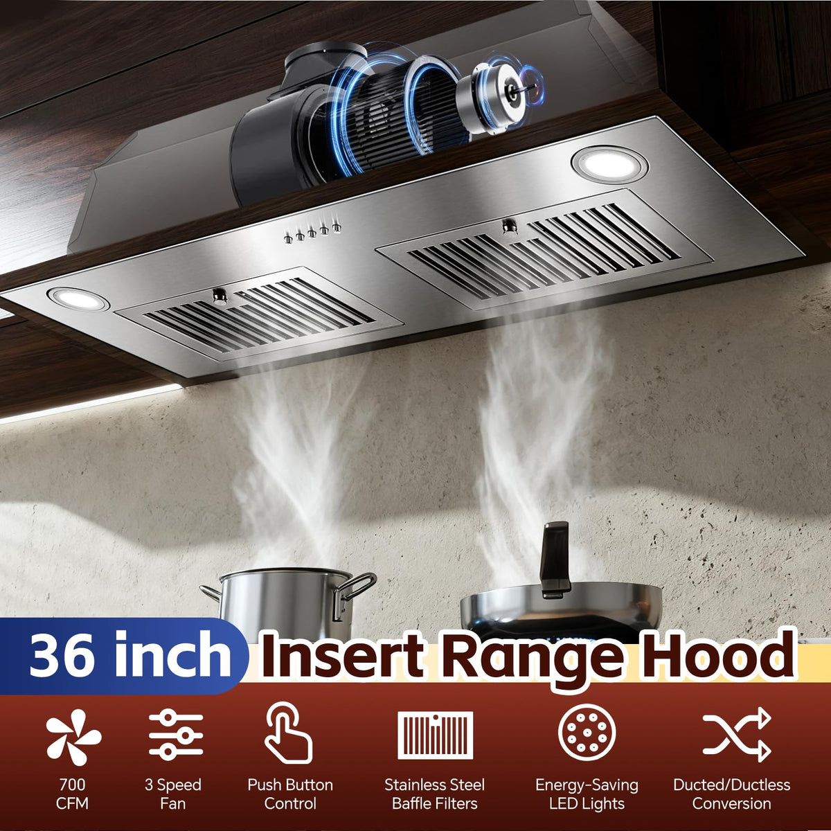 Range Hood Insert 30 inch,Stainless Steel Kitchen Vent Hood 600CFM,Built-in Kitchen Stove Hood w/Front Button Controls and Front LED Lights,Baffle Filters,Ducted/ductless Convertible Duct