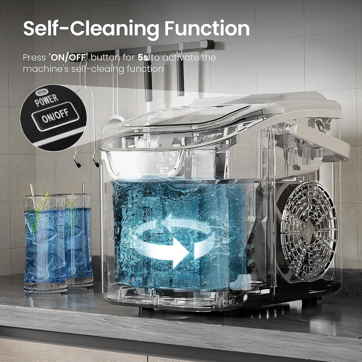 Electactic Portable Ice Maker Countertop,8 Bullet Ice in 6 Mins,2 Ice Size
