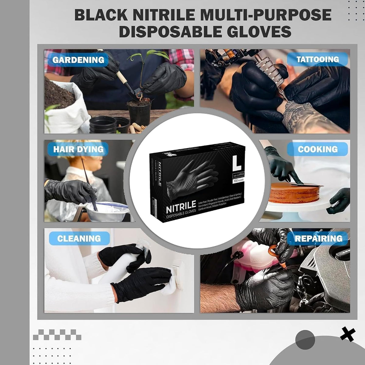 The Real Touch Black Nitrile Multi-Purpose Disposable Gloves, Powder Free, Disposable, Extra Strong - Box of 100 (Black, Large)
