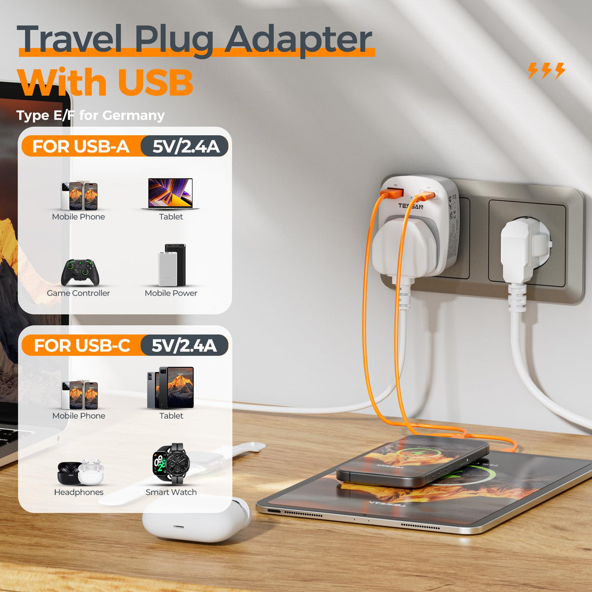 TESSAN UK to South Africa Plug Adapter, Type M Travel Adapter with USB C