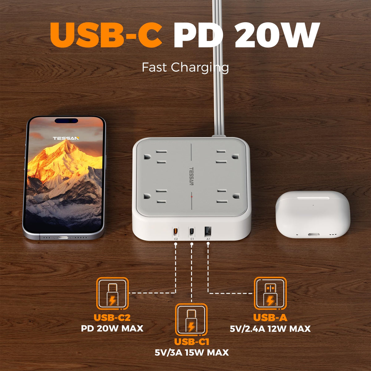 TESSAN PD 20W Surge Protector Extension Cord 5Ft, Flat Plug Power Strip