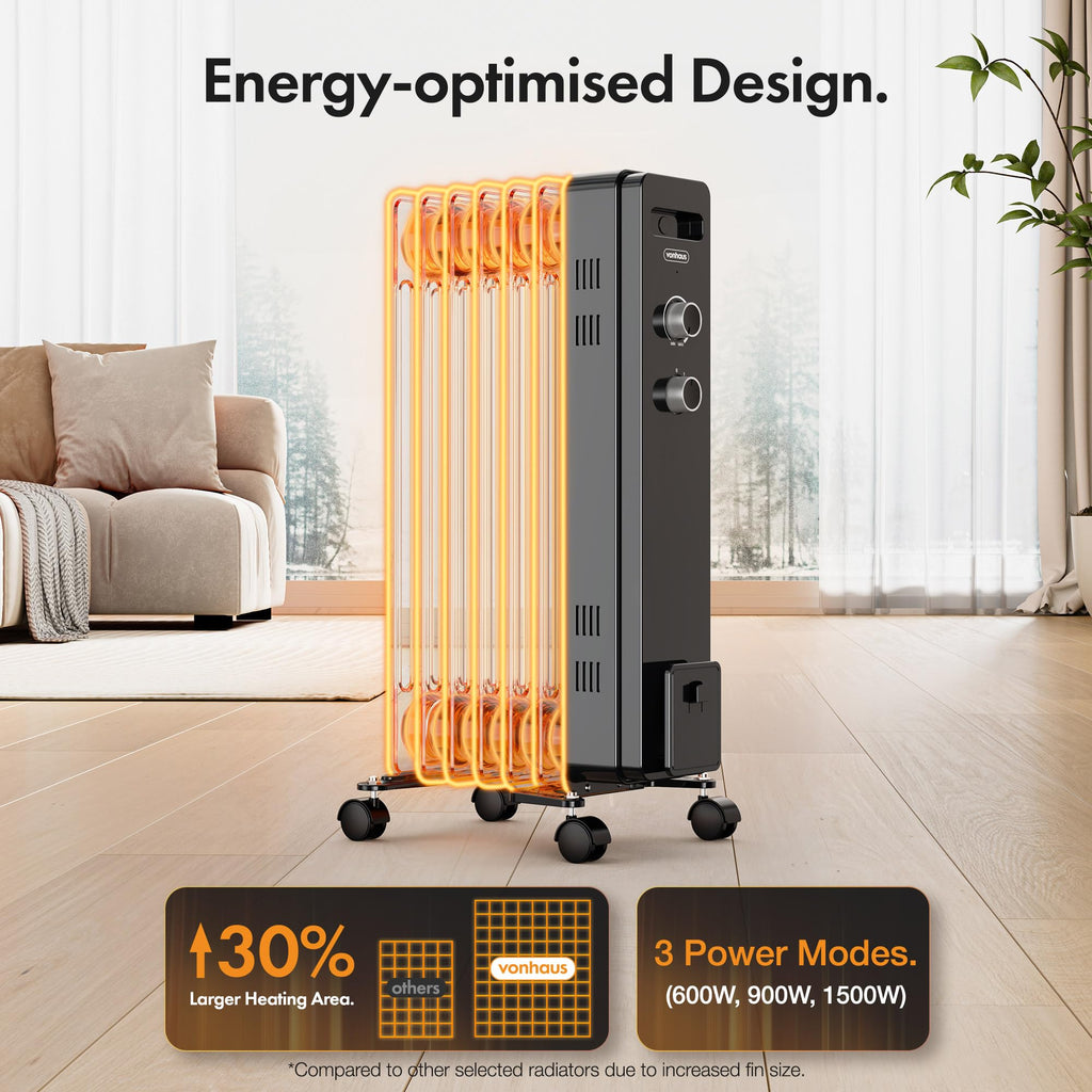 VonHaus Oil Filled Radiator 11 Fins – 2500W, 3 Heat Settings, 24 Hour Timer
