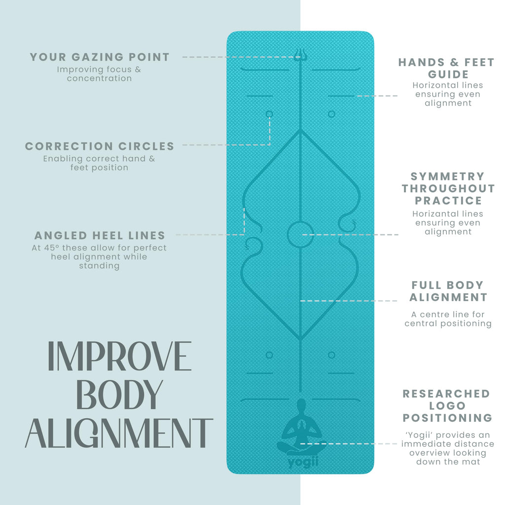 Yogii Yoga Mat - Non-Slip 6mm Thick TPE & Travel-friendly Yoga Mat - Perfect for Home & Gym Exercise Fitness & Pilates - With Laser Alignment Guides for Men & Women