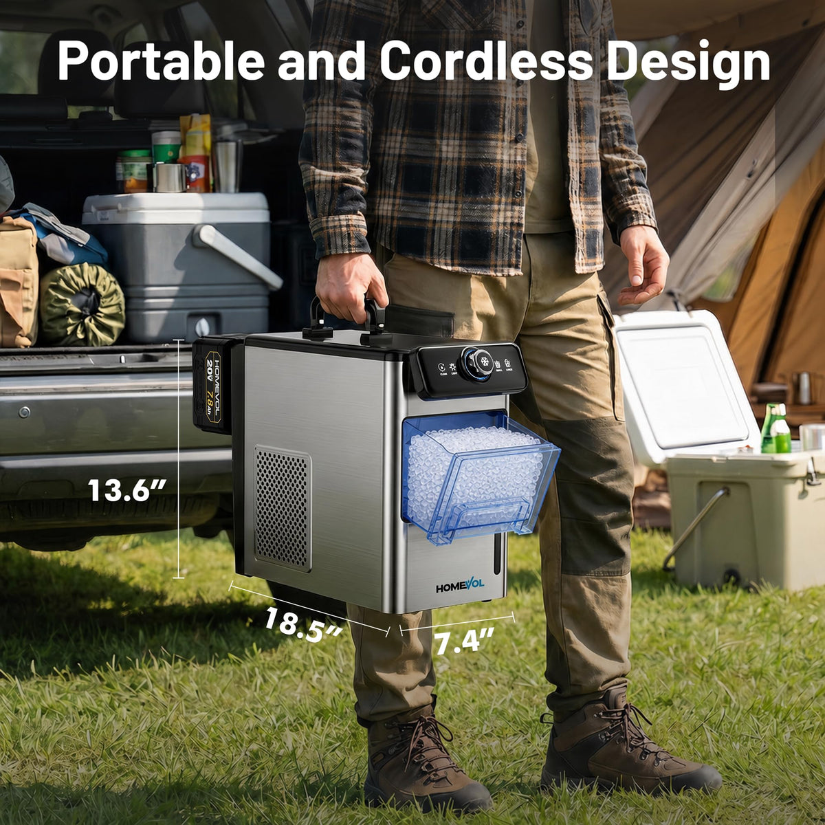 2 in 1 Cordless Countertop Ice Maker, Battery Powered Portable Countertop Ice Machine, 6-Minute Fast Ice Cubes with 2 Size, 40lbs Daily, 40dB Quiet, Self-Cleaning, 2 × 7.8Ah Battery, Stainless Steel