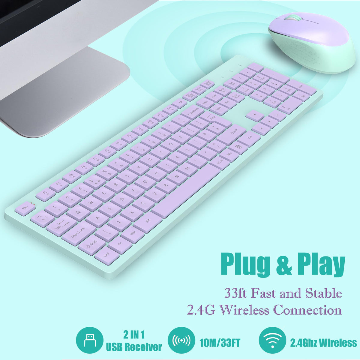 LeadsaiL Wireless Keyboard and Mouse Set, 2.4GHz USB Computer Keyboards and Mouse Combo, Ergonomic Design with 12 Multimedia Shortcuts for HP/Lenovo Laptop and Mac-Pink