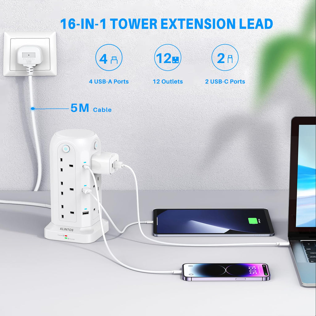Tower Extension Lead 2M, 12 Way, 6 USB, 4 Independent Switches