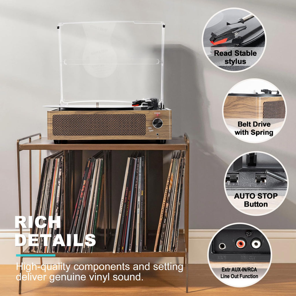 Seasonlife® Retro Vinyl Record Player with Stereo Speakers,Walnut Brown