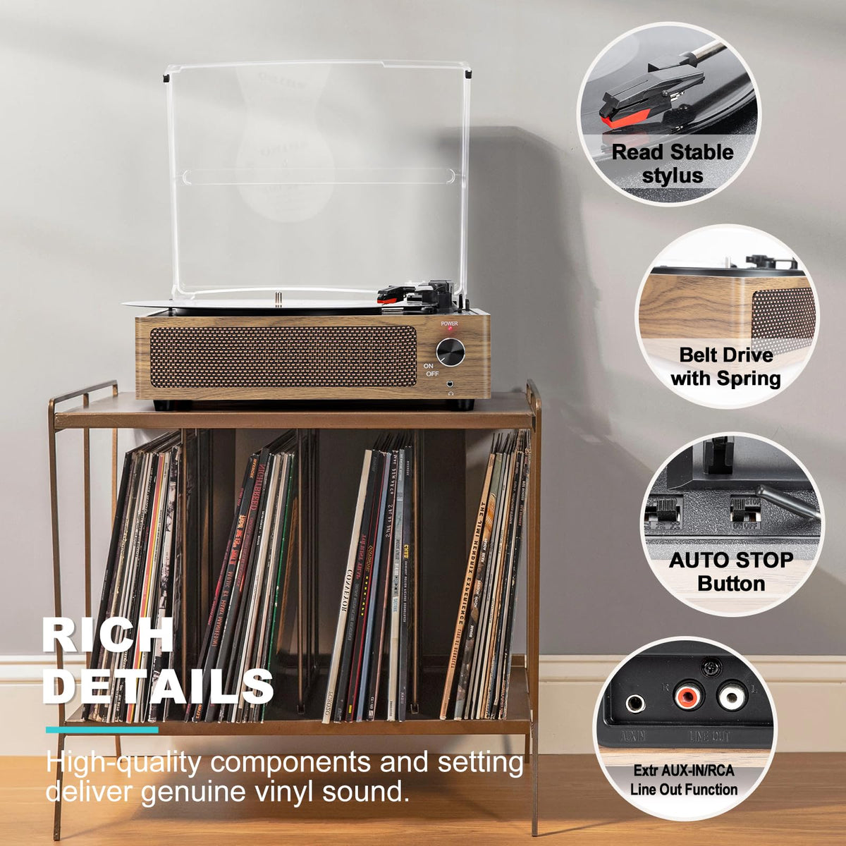 Seasonlife® Retro Vinyl Record Player with Stereo Speakers,Walnut Brown