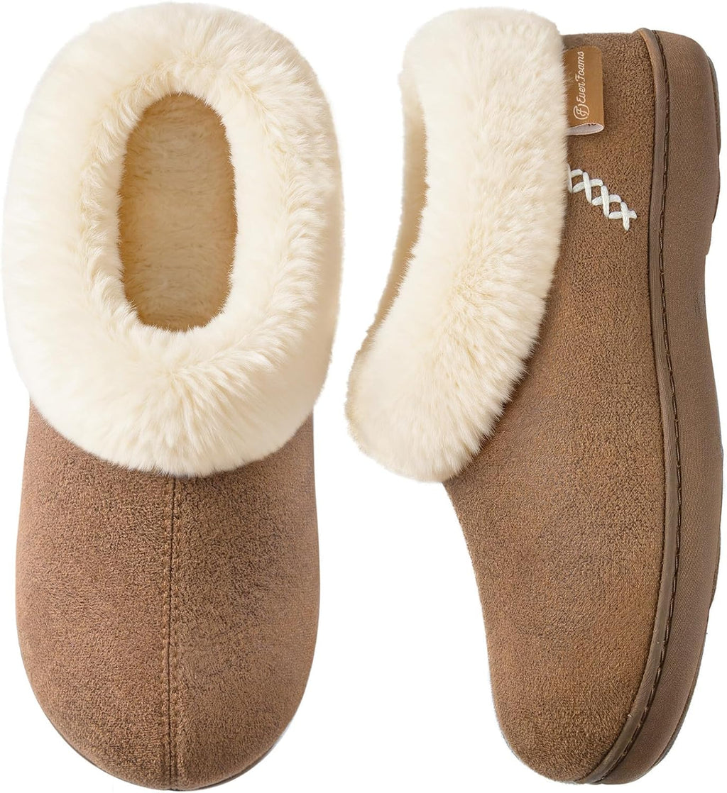EverFoams Women's Suede Bootie Slippers Fuzzy Plush Collar Memory Foam
