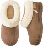 EverFoams Women's Suede Bootie Slippers Fuzzy Plush Collar Memory Foam