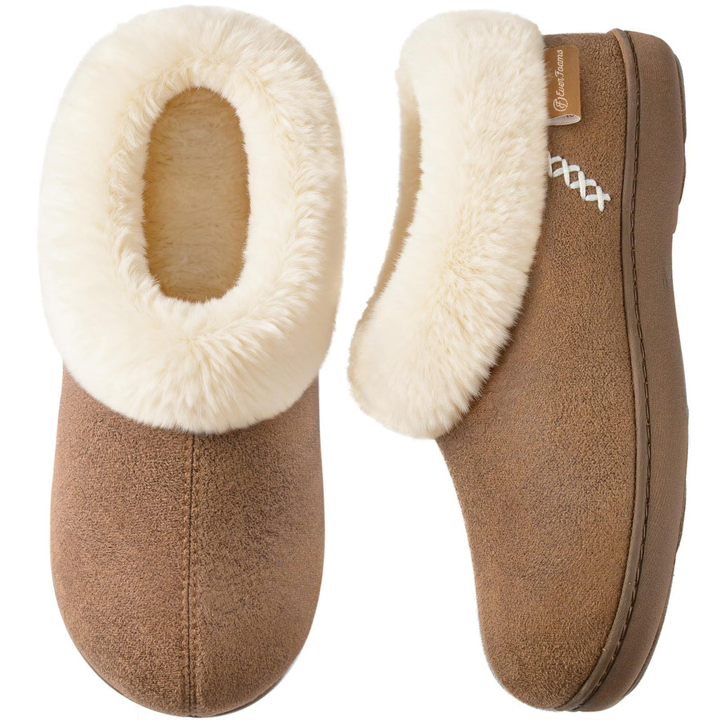 EverFoams Women's Suede Bootie Slippers Fuzzy Plush Collar Memory Foam