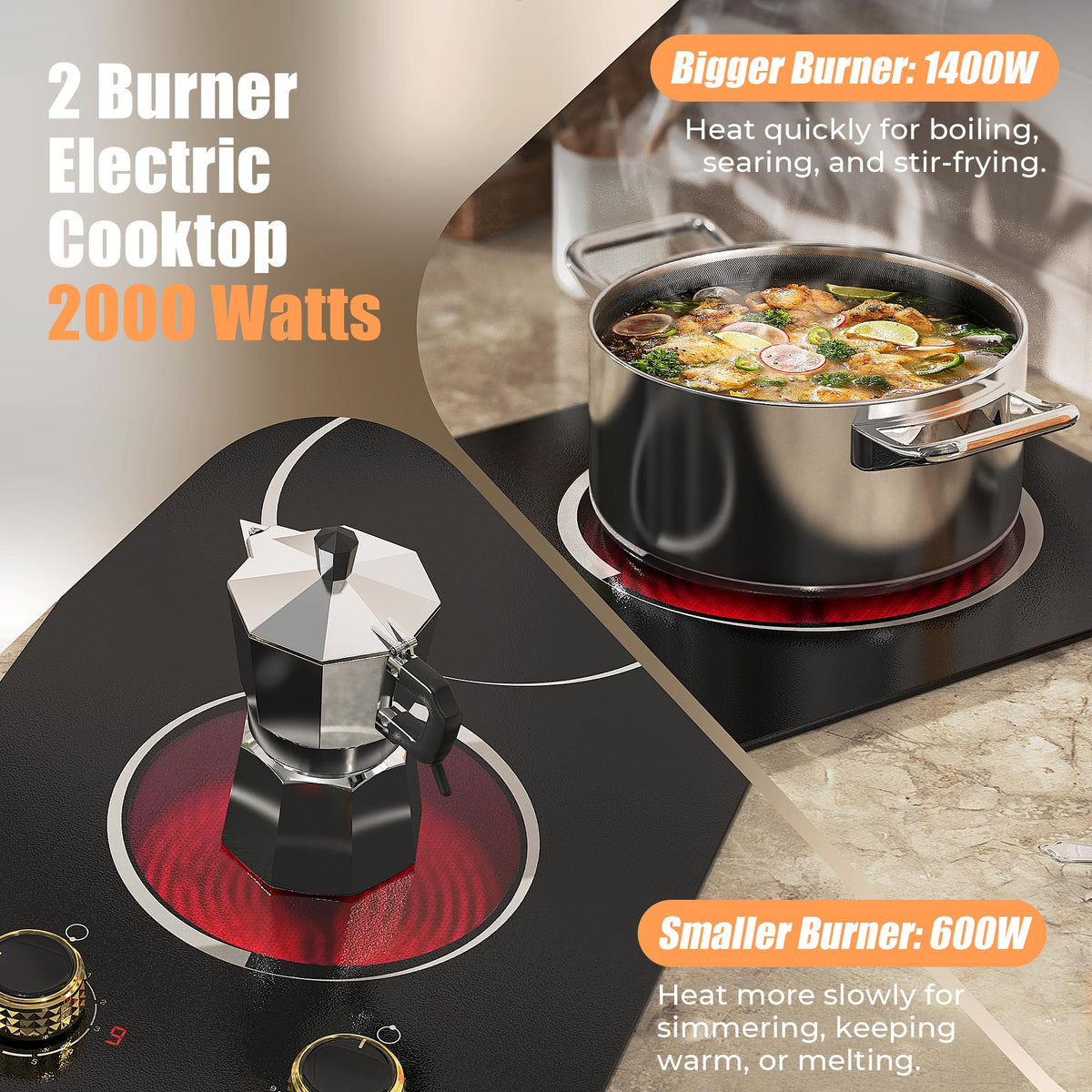 2 Burner Electric Cooktop 110V 2000W Countertop or Built-in