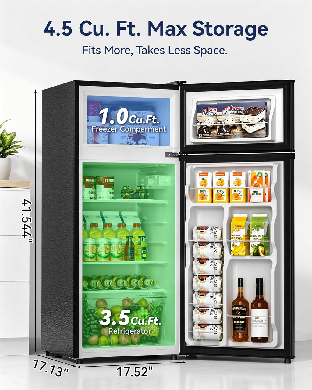 Manastin 4.5cf Mini Fridge for Dorm/Office Quiet 2-Door Adjustable