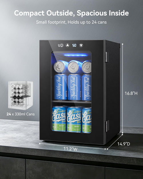 24 Can Beverage Refrigerator, Countertop Mini Fridge with Glass Door, Black