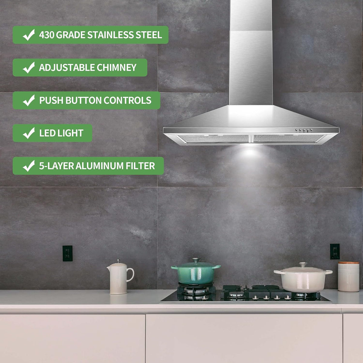 SNDOAS Range Hood 30 inch,Wall Mount Range Hood in Stainless Steel With Ducted/Ductless Convertible,Stove Vent Hood with Aluminum Filters,3 Speed Exhaust Fan,LED Light,Button Control