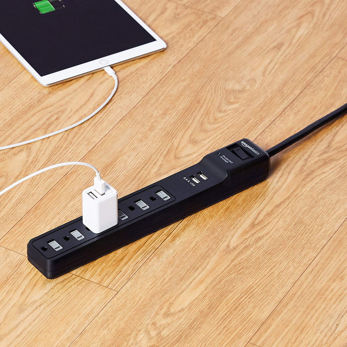 Amazon Basics Surge Protector Power Strip, 6-Outlet, 790 Joules, 6ft Extension Cord, Safety Shutters, White