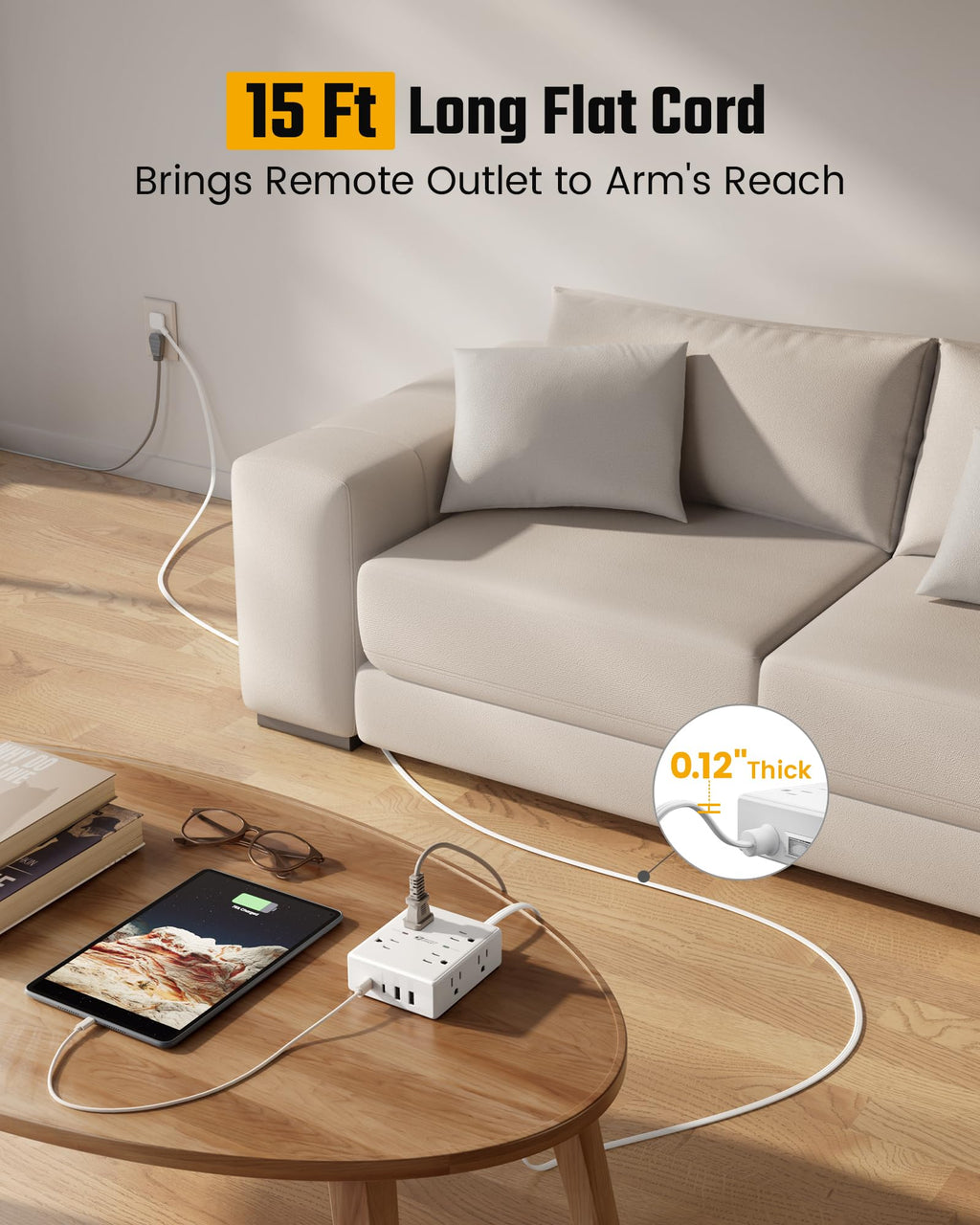 SUPERDANNY Extension Cord,Flat Plug Surge Protector Power Strip,6Ft