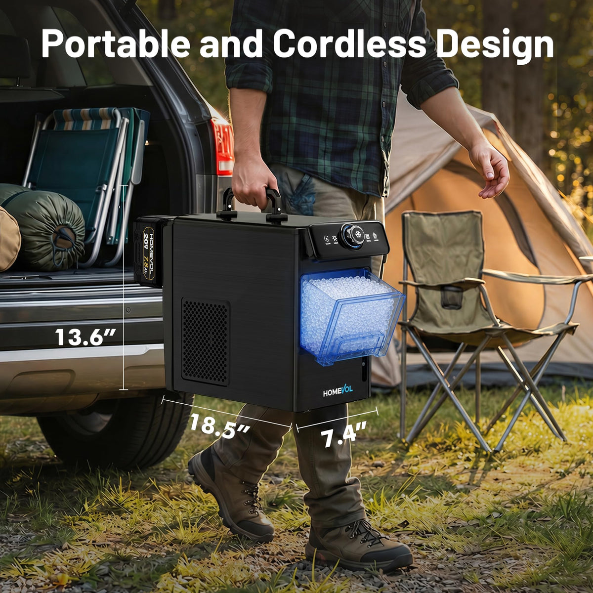 2 in 1 Cordless Countertop Ice Maker, Battery Powered Portable Countertop Ice Machine, 6-Minute Fast Ice Cubes with 2 Size, 40lbs Daily, 40dB Quiet, Self-Cleaning, 2 × 7.8Ah Battery, Stainless Steel