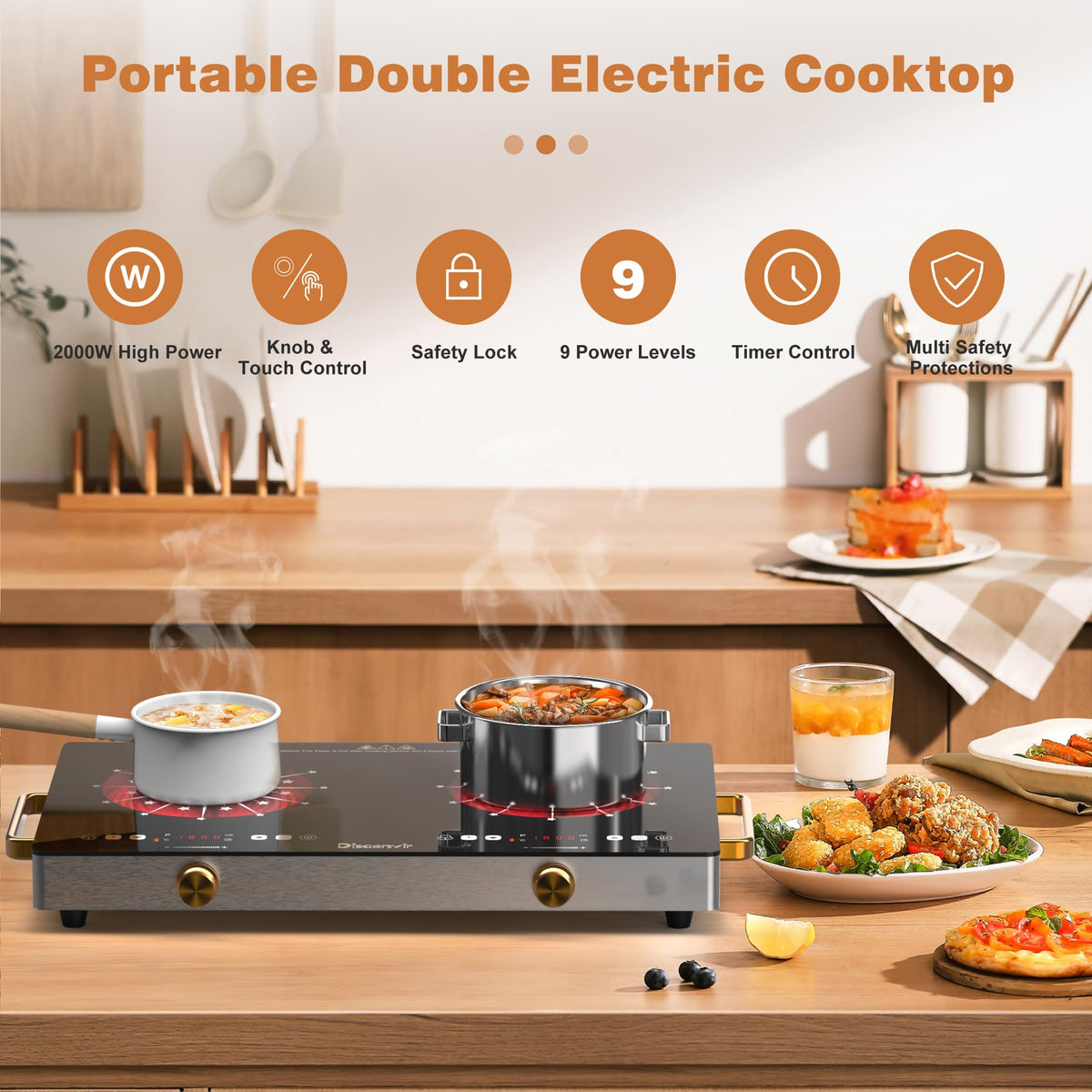 2 Burner Electric Cooktop 110V, 2000W Shard Power