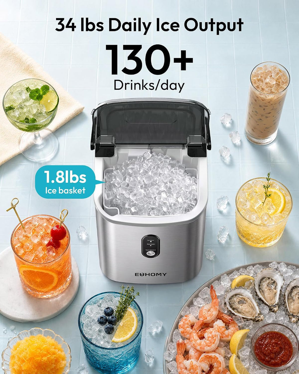 EUHOMY Nugget Ice Maker Countertop with Handle, Ready in 6 Mins, 34lbs Per Day, Removable Top Cover, Auto-Cleaning, Portable Sonic Ice Maker with Basket and Scoop, for Home/Party/RV/Camping (Black)