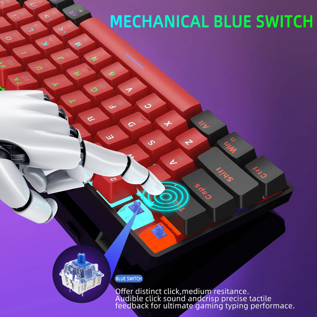 Snpurdiri 60% Wired Mechanical Gaming Keyboard, Ice Blue LED Backlit 61 Keys Mini Wired Office Keyboard for Windows Laptop PC Mac (Black-White, Red Switches)