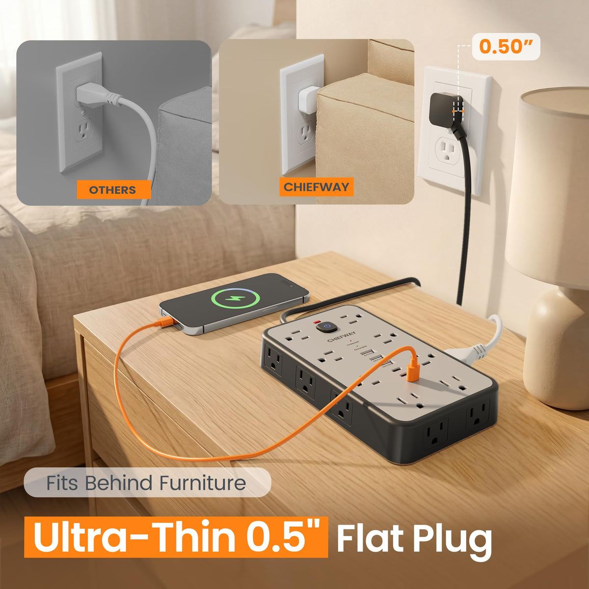 6 FT Surge Protector Power Strip with 6 USB, 16 Outlets, 2400J