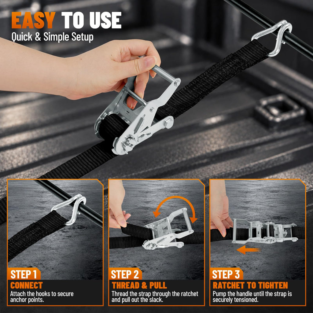 Ratchet Straps with Hook, 6M x 25MM, Heavy Duty, 4 Pack/Black