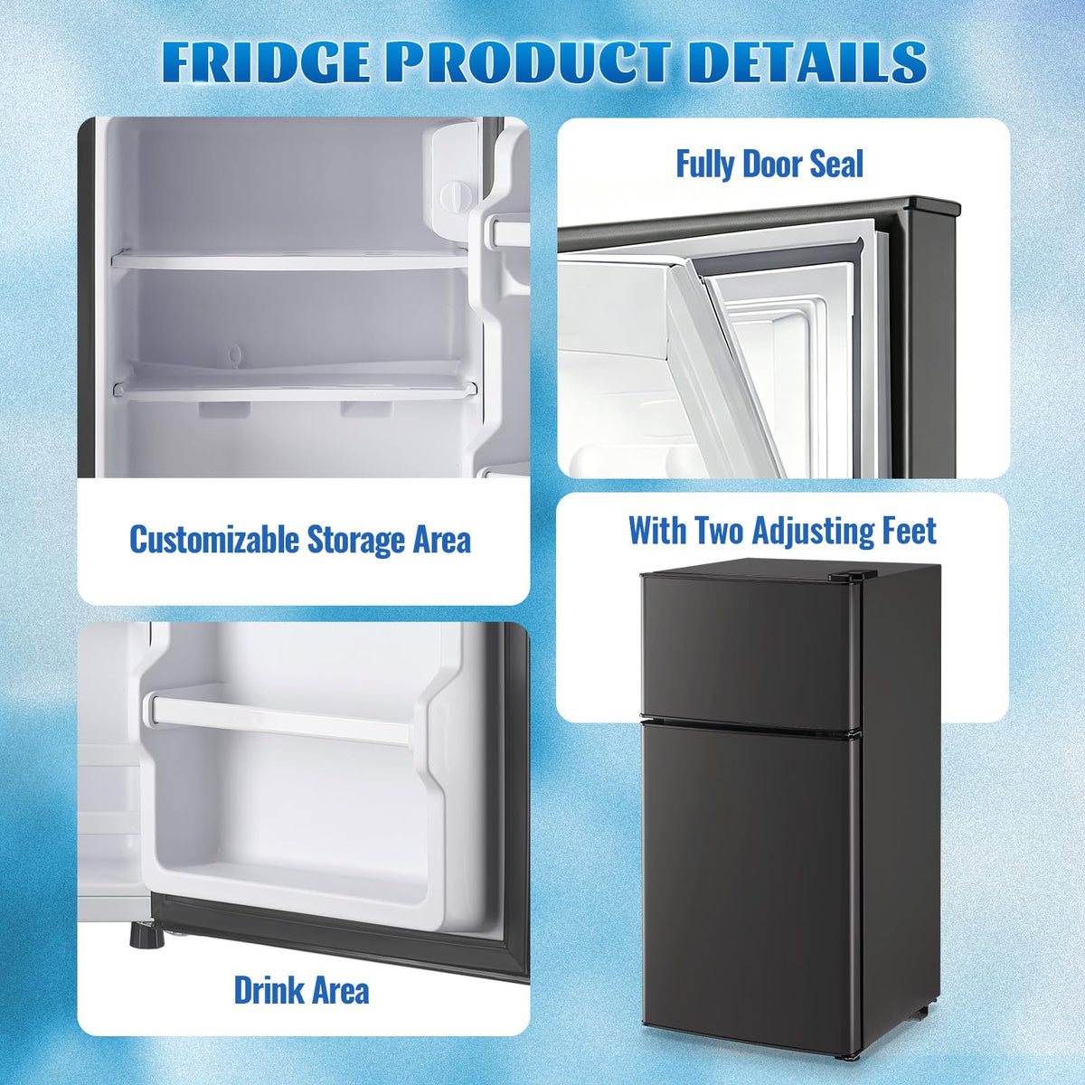 DEMULLER 45L Personal Double‑Door Mini Fridge With Freezer, Blue