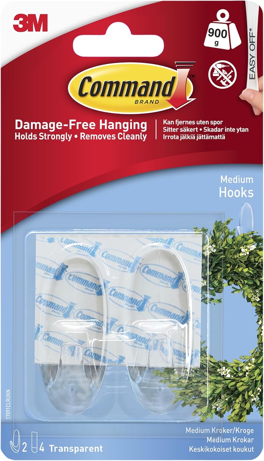 Command Medium Hooks, Clear, 2 Hooks and 4 Adhesive Strips
