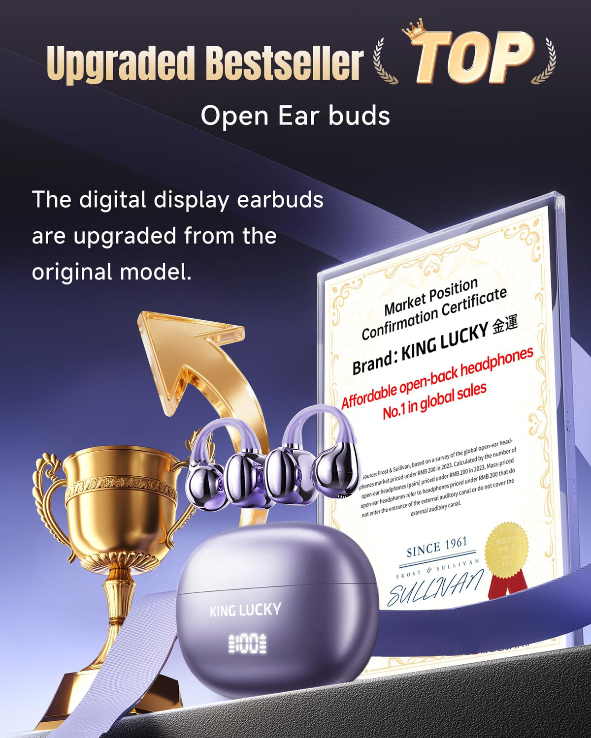 Kinglucky Clip-On Earbuds Gen 3, Open-Ear Wireless Bluetooth 6.0 Headphones with Mic, Secure Fit for Small Ears & Glasses Wearers, 50H Playtime, LED Digital Display, ENC, IPX5 Waterproof(Balck)