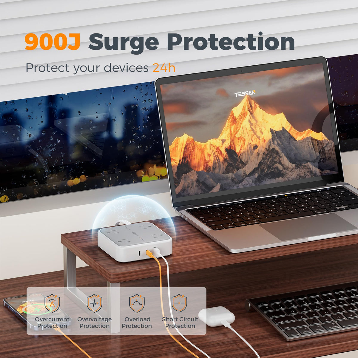 TESSAN PD 20W Surge Protector Extension Cord 5Ft, Flat Plug Power Strip