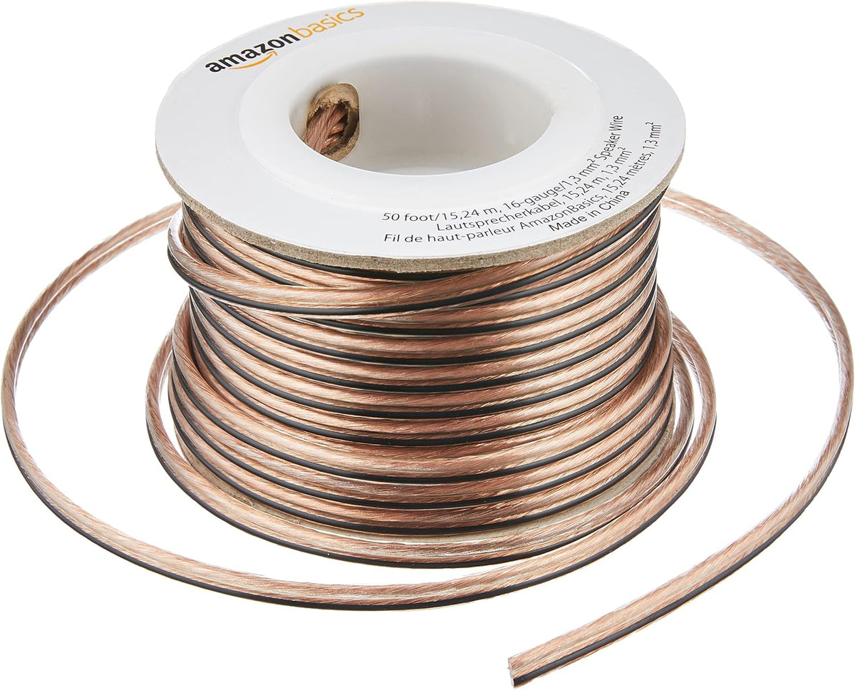 Amazon Basics 16-Gauge Speaker Wire Cable, Polarity Marked, 50 feet, Transparent