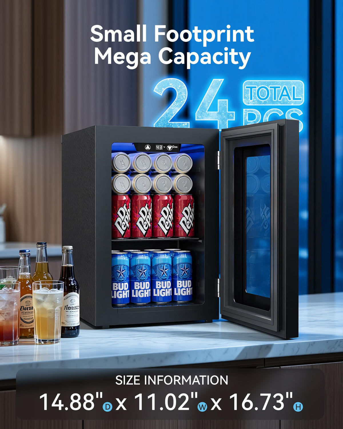 2.5 Cu.Ft Beverage Fridge, Glass Door Mini Fridge, Silver, 96 Can