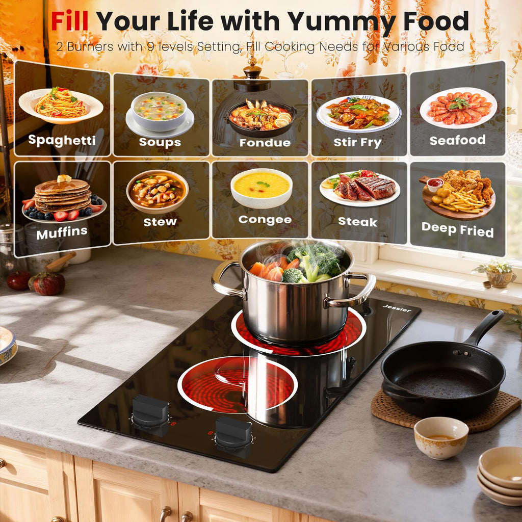 2 Burner Electric Cooktop 110V 2000W Countertop or Built-in