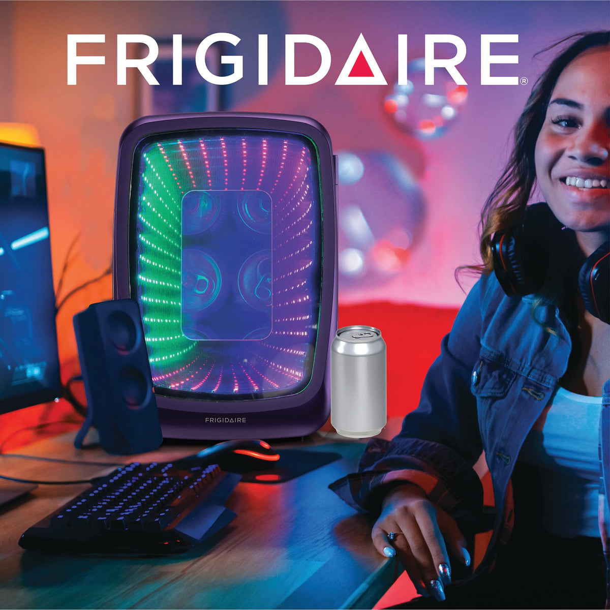 Frigidaire Gaming Light Up Mini Beverage Refrigerator, 6 can, 4 liters, Cooler with large see through door and LED lights Perfect for Gaming Experience, Home, Office, or Cars.12V Charger (Blue)