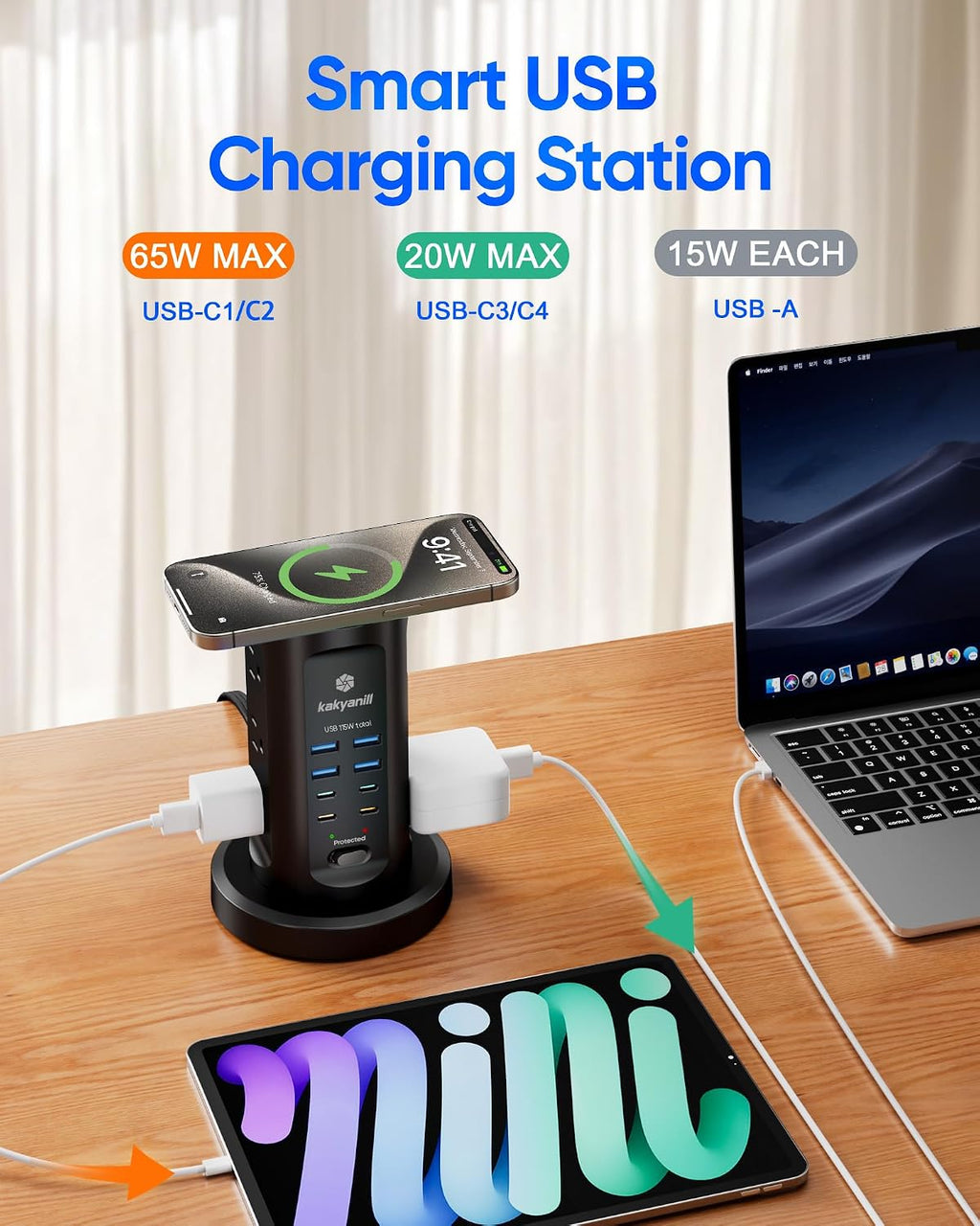 Power Strip Tower, kakyanill PD 65W Charging Station 9 AC Outlets 8 USB