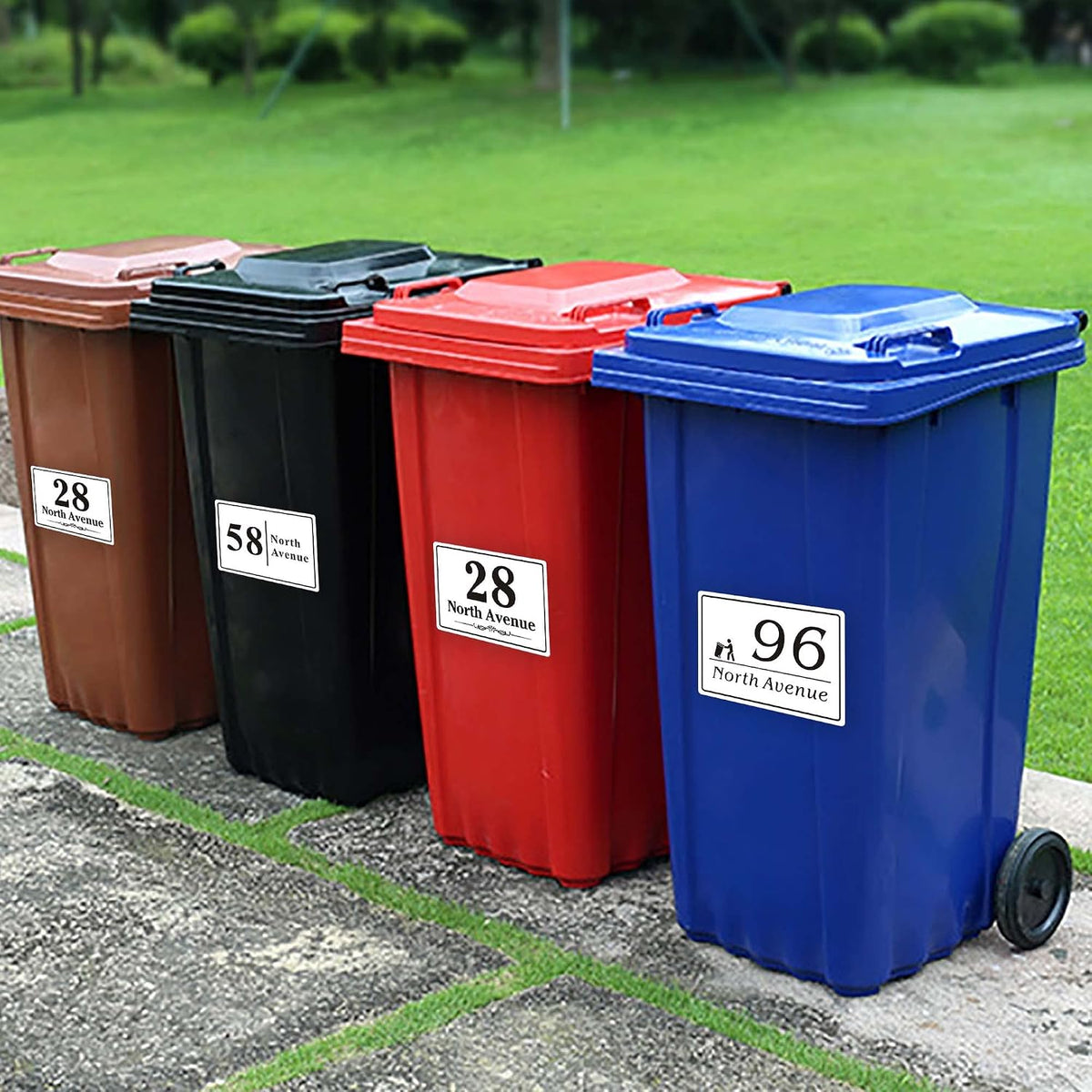 EDSG 4 x Wheelie Bin Stickers, Personalised Bin Numbers for Wheelie Bins, Custom Wheelies Bins Numbers Stickers, Number Sticker with House Number Street Name (Design 1)