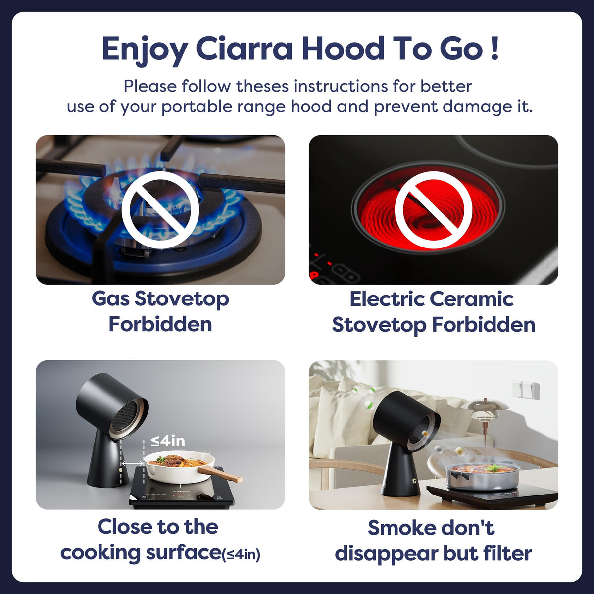 CIARRA Portable Range Hood, 2-Speed Desktop Kitchen Exhaust Fan