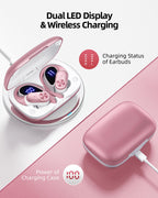PocBuds Bluetooth Headphones Wireless Earbuds 80hrs Playtime Wireless Charging Case Digital Display Sports Ear Buds with Earhook Deep Bass IPX7 Waterproof Over-Ear Earphones for TV Phone Laptop Pink
