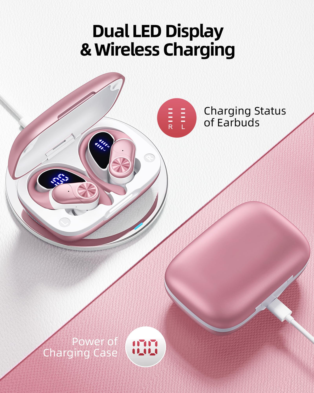 PocBuds Bluetooth Headphones Wireless Earbuds 80hrs Playtime Wireless Charging Case Digital Display Sports Ear Buds with Earhook Deep Bass IPX7 Waterproof Over-Ear Earphones for TV Phone Laptop Pink