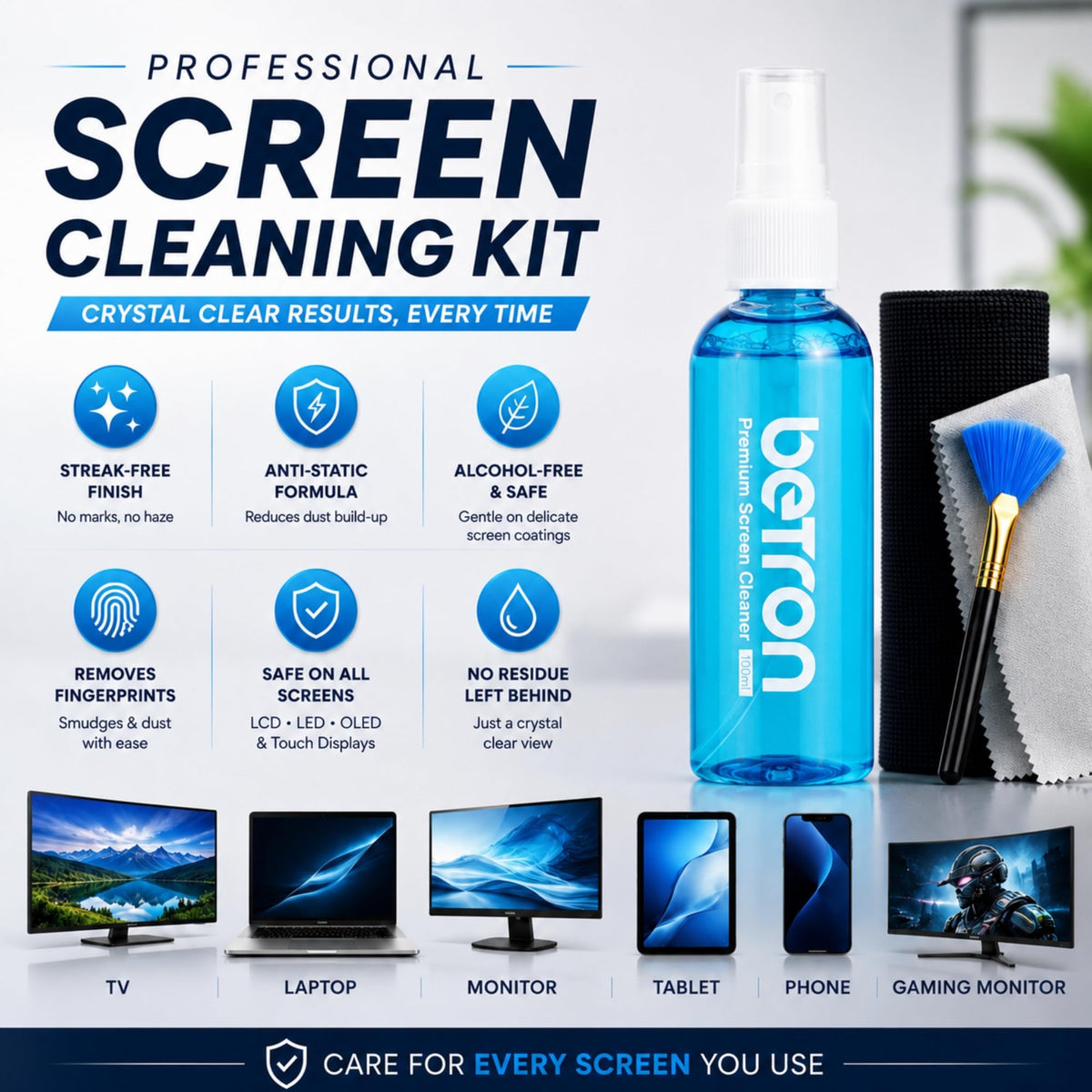Betron Screen Cleaner Spray Kit with Cloth for TV, Laptop, Monitor, 500ml