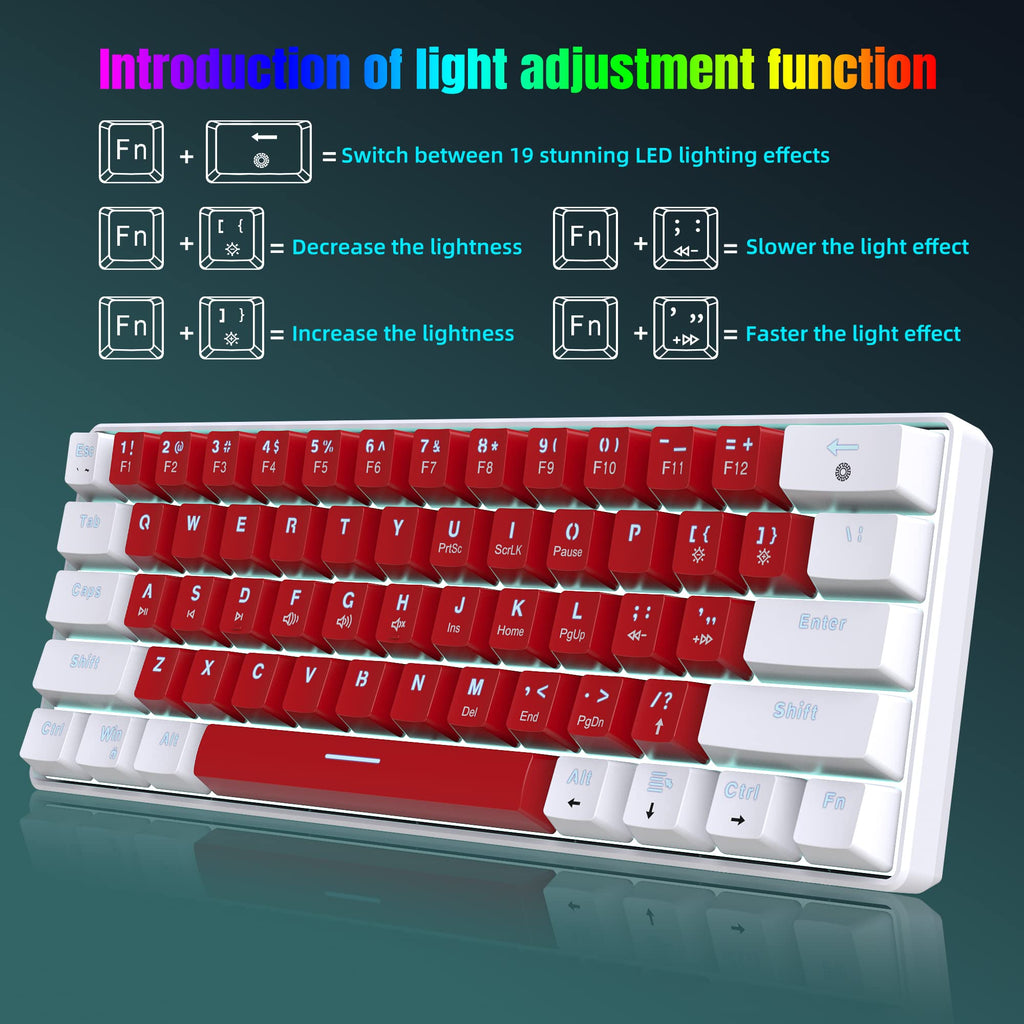 Snpurdiri 60% Wired Mechanical Gaming Keyboard, Ice Blue LED Backlit 61 Keys Mini Wired Office Keyboard for Windows Laptop PC Mac (Black-White, Red Switches)