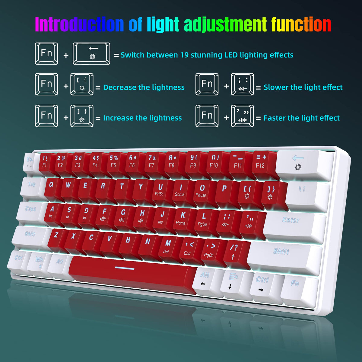 Snpurdiri 60% Wired Mechanical Gaming Keyboard, Ice Blue LED Backlit 61 Keys Mini Wired Office Keyboard for Windows Laptop PC Mac (Black-White, Red Switches)